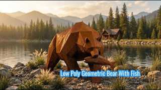 Grande escultura de urso pardo de aço Corten urso geométrico baixo poli com estátua de peixe jardim ao ar livre De
