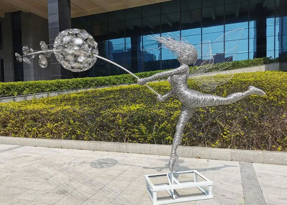 Large Fairy And Dandelion Stainless Steel Sculpture For Garden Decoration