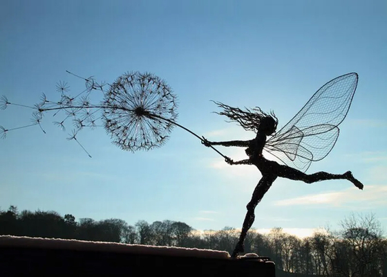 Large Fairy And Dandelion Stainless Steel Sculpture For Garden Decoration