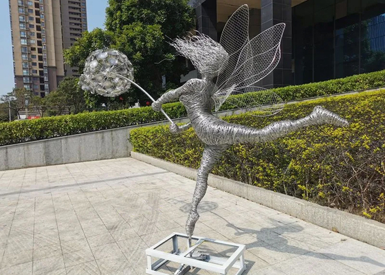 Large Fairy And Dandelion Stainless Steel Sculpture For Garden Decoration