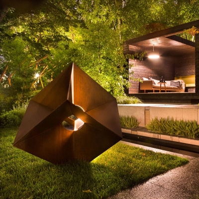 Modern Rusty Corten Steel Hand Sculpture Cube For Outdoor Decoration