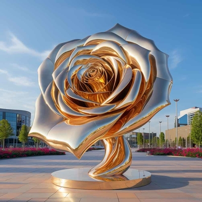 Fabricante de esculturas metálicas Espelho Ouro Escultura de rosa de aço inoxidável