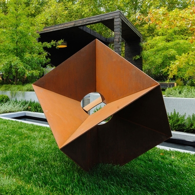 Modern Rusty Corten Steel Hand Sculpture Cube For Outdoor Decoration