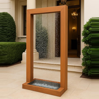 Muralha de cortina de chuva de aço corten. Escultura de água de jardim resistente a intempéries (baixa manutenção · arte de água zen)