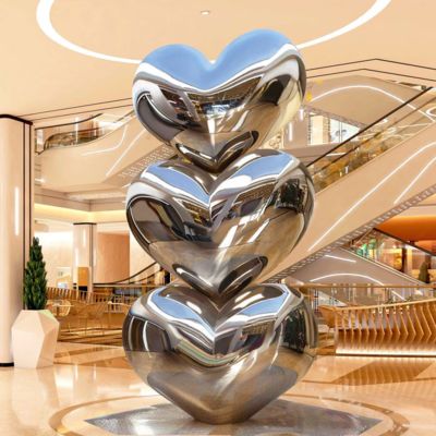 Escultura de Aço Inoxidável Empilhada em Forma de Coração com Acabamento Espelhado para Decoração de Hotel