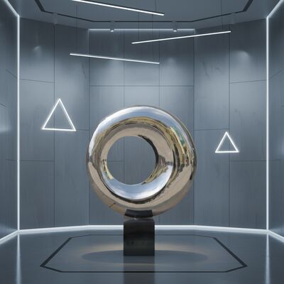Escultura de arte moderna em aço inoxidável polido espelhado personalizada, decoração abstrata circular para interiores