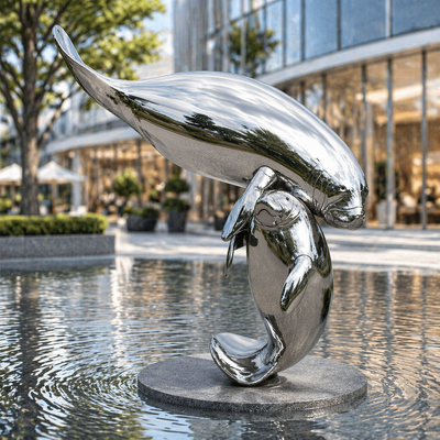 Bom preço. Tamanho natural Escultura de manatí de aço inoxidável ao ar livre Espelho Estatueta de animais do oceano polida para o parque Plaza Arte de decoração à beira-mar on-line