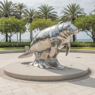 Tamanho natural Escultura de manatí de aço inoxidável ao ar livre Espelho Estatueta de animais do oceano polida para o parque Plaza Arte de decoração à beira-mar