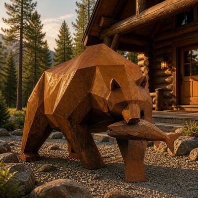 Bom preço. Grande Corten de aço Urso Grizzly escultura baixa urso poli-geométrico com estátua de peixe decoração de jardim ao ar livre relva de metal enferrujada arte On-line