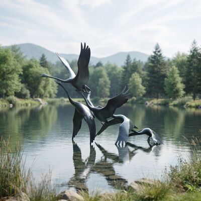 Escultura de guindaste de bronze ao ar livre Pássaros voadores Estátua de jardim Característica de água Decoração de lagoa Patina de metal grande Finalização de paisagem personalizada